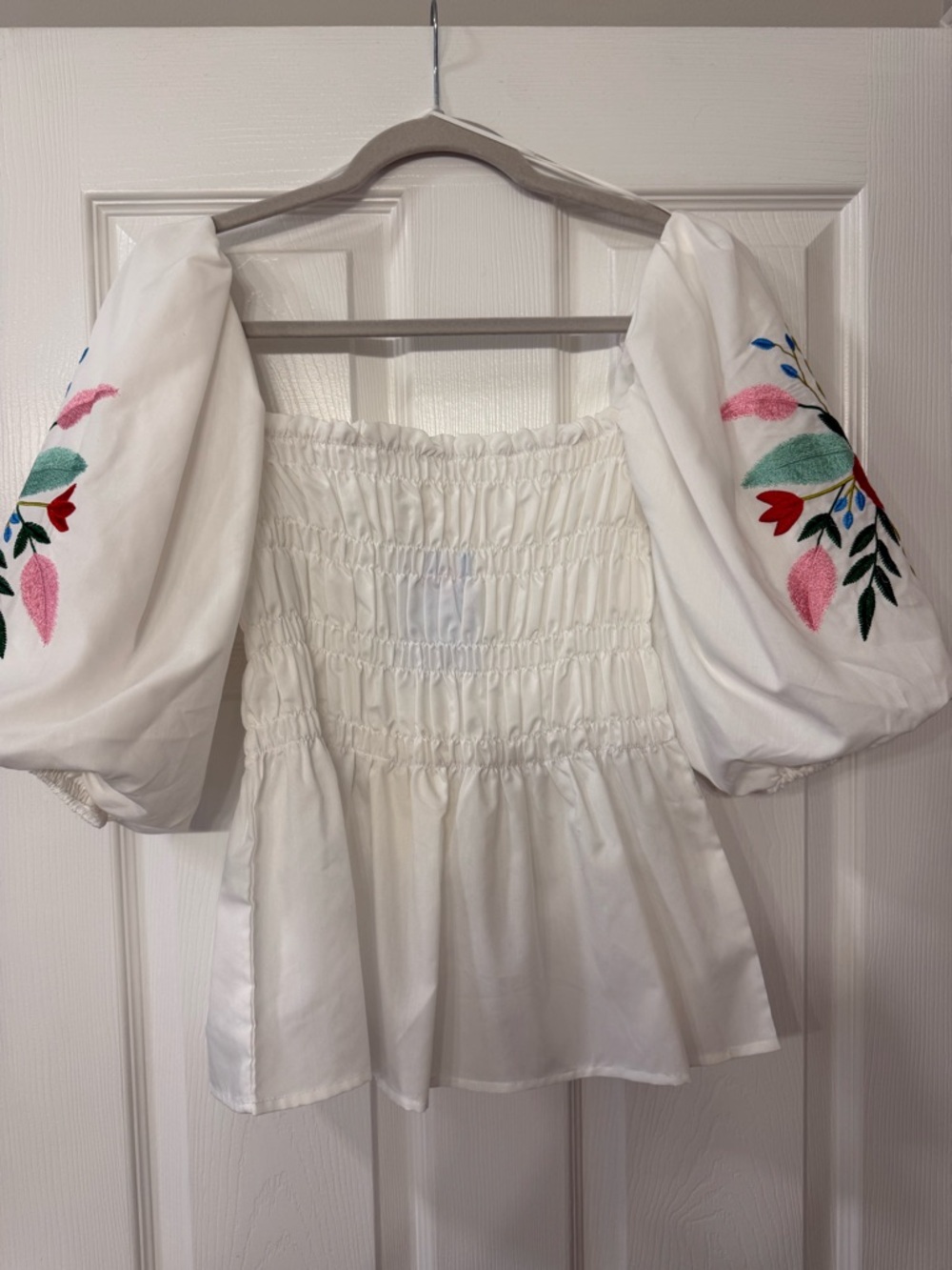 Vine & Love White Smocked Peasant Top with Floral Embroidery